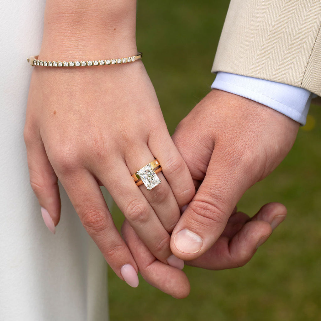 Radiant solitaire ring shown as reference for matching wedding set